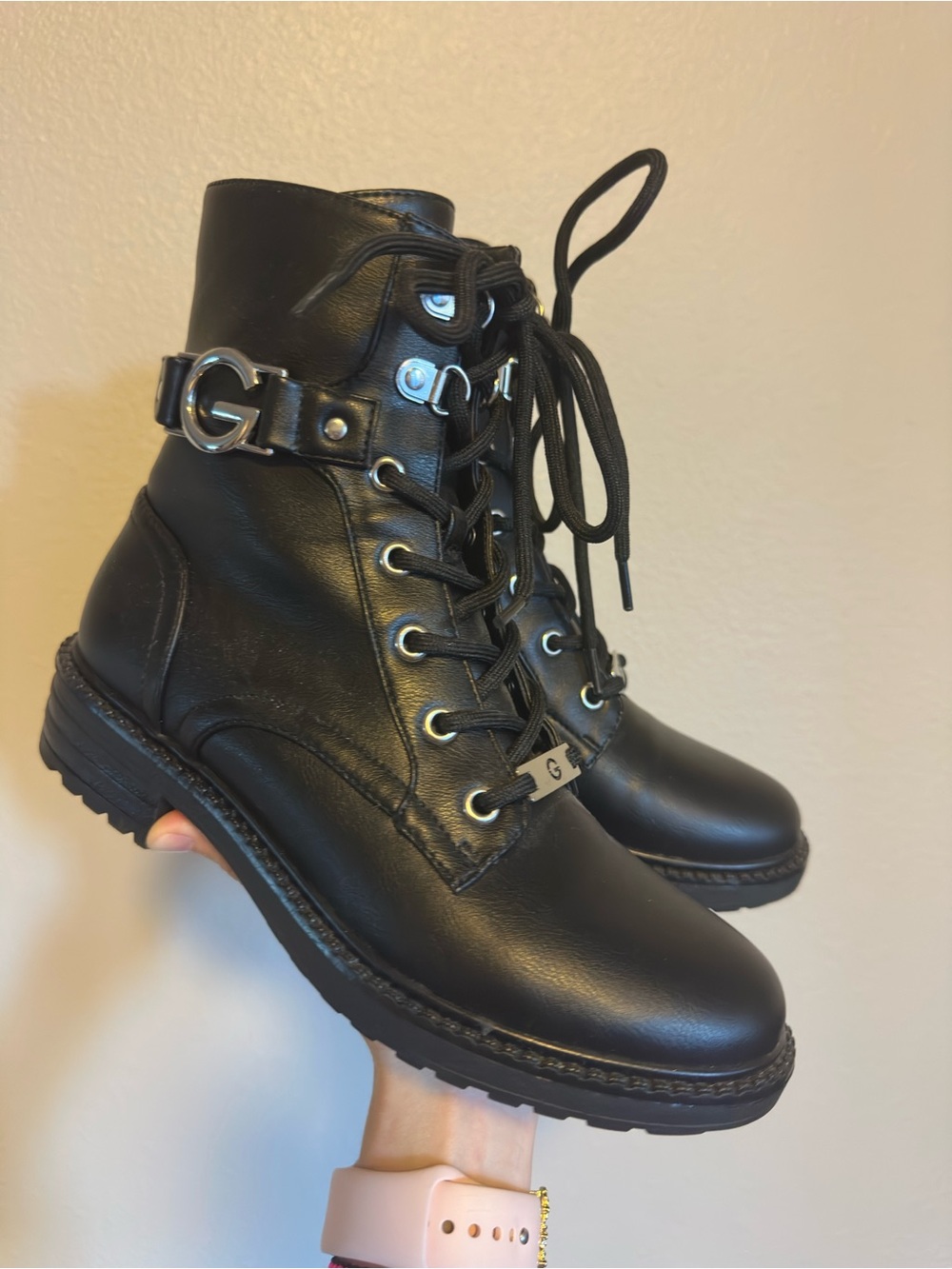Black Lace-Up Combat Boots with Metal Accent